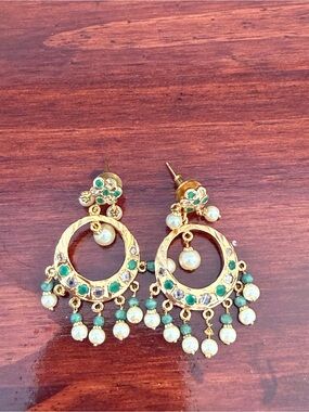 Gold-Tone Green & Pearl Dangle Circle Earrings. Indian earrings.
